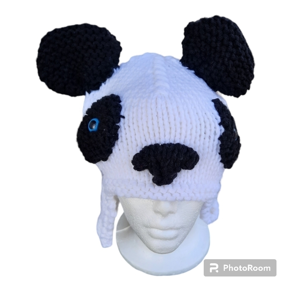 Handmade knit panda bear black and white beanie hat